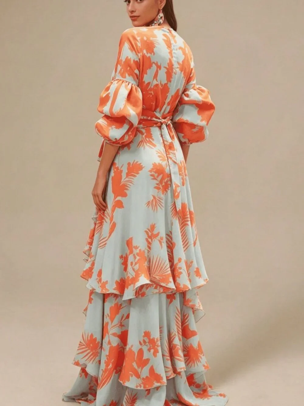 Red Elegant Women's A-Line V Neck & Kimono Sleeves Tropical Print Maxi Dress